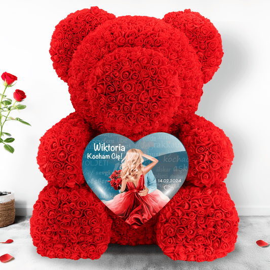 Kocham Cię! - Miś z róż z wydrukiem, spersonalizowany prezent dla niej - Adamell.pl