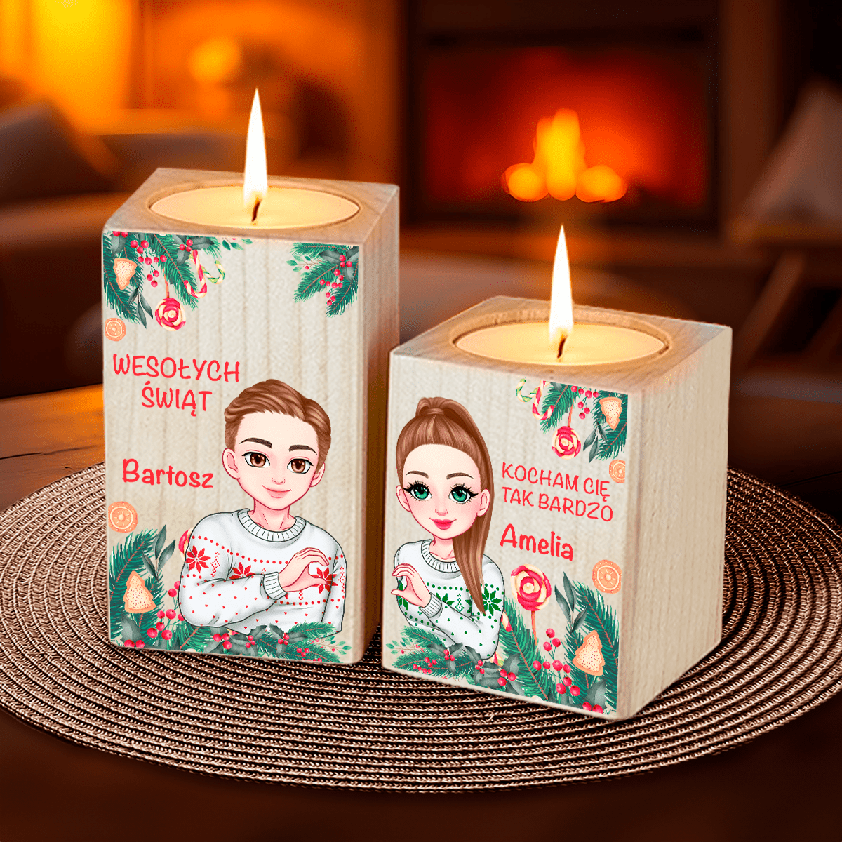 Kocham Cię tak bardzo - 2 x Drewniany świecznik, spersonalizowany prezent dla pary - Adamell.pl