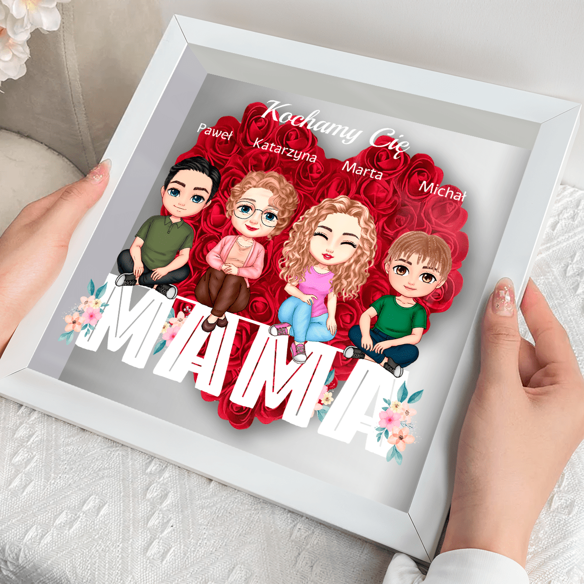 Kochamy Cię Clipart - Druk na szkle w ramce + serce z róż, spersonalizowany prezent dla mamy - Adamell.pl
