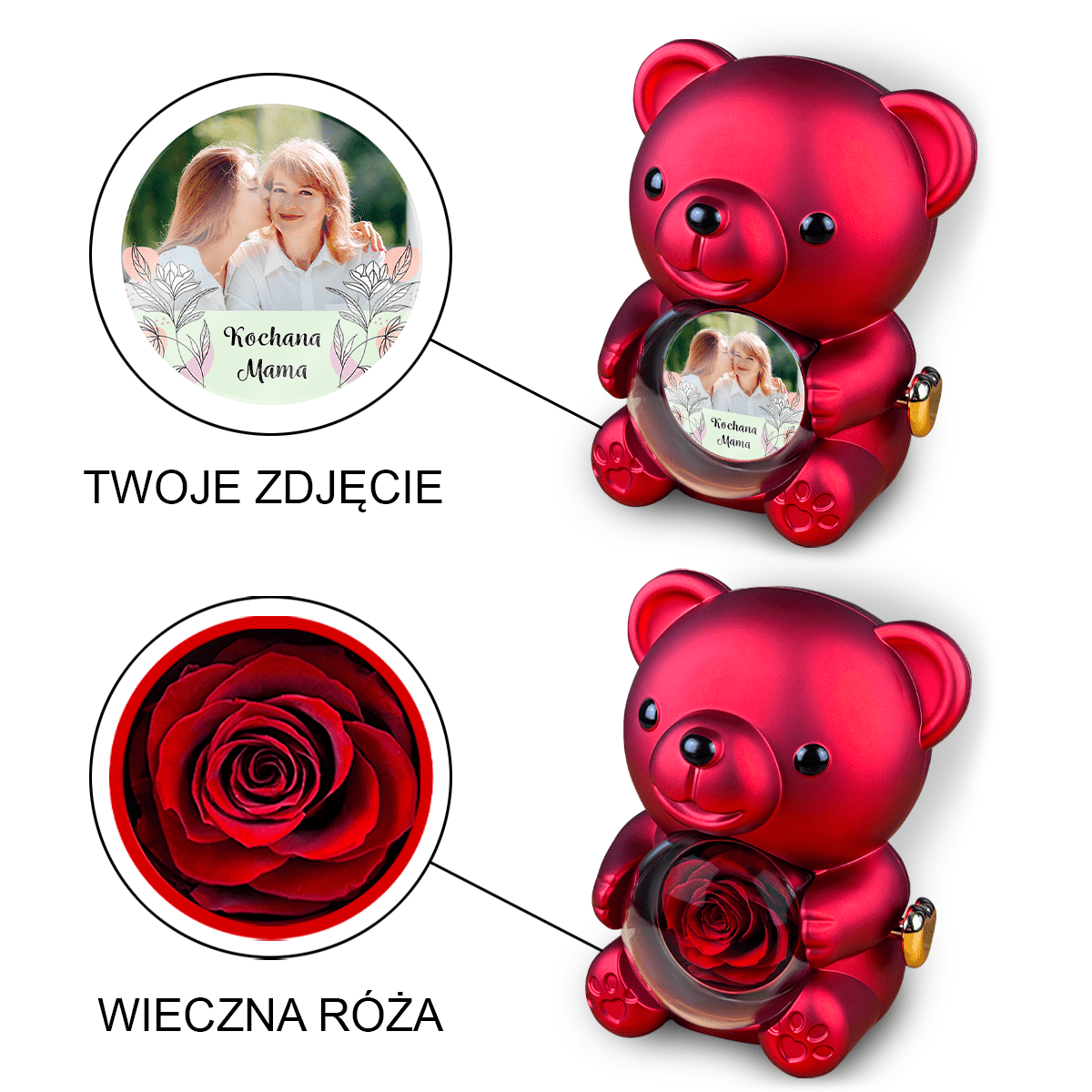 Kochana mama - Miś z różą wieczną i wydrukiem, spersonalizowany prezent dla mamy - Adamell.pl