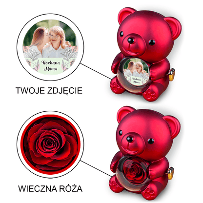 Kochana mama - Miś z różą wieczną i wydrukiem, spersonalizowany prezent dla mamy - Adamell.pl