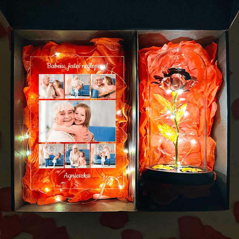 Kolaż babcia druk na szkle + czerwona wieczna róża box 2 w 1 - zestaw prezentowy box, spersonalizowany prezent dla babci - Adamell.pl
