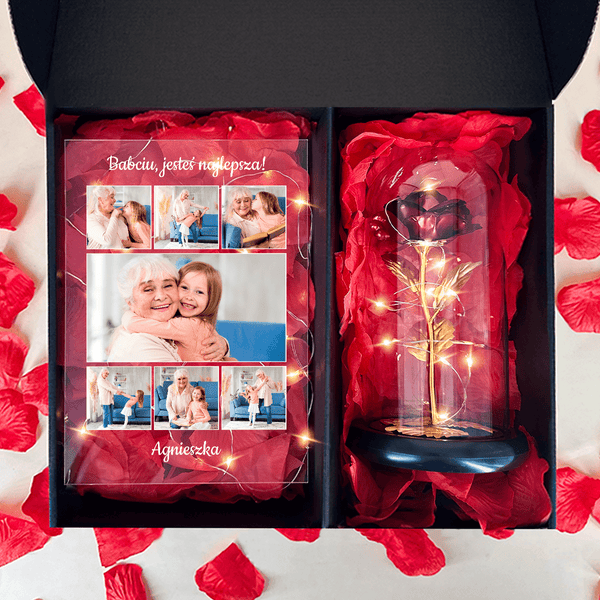 Kolaż babcia druk na szkle + czerwona wieczna róża box 2 w 1 - zestaw prezentowy box, spersonalizowany prezent dla babci - Adamell.pl