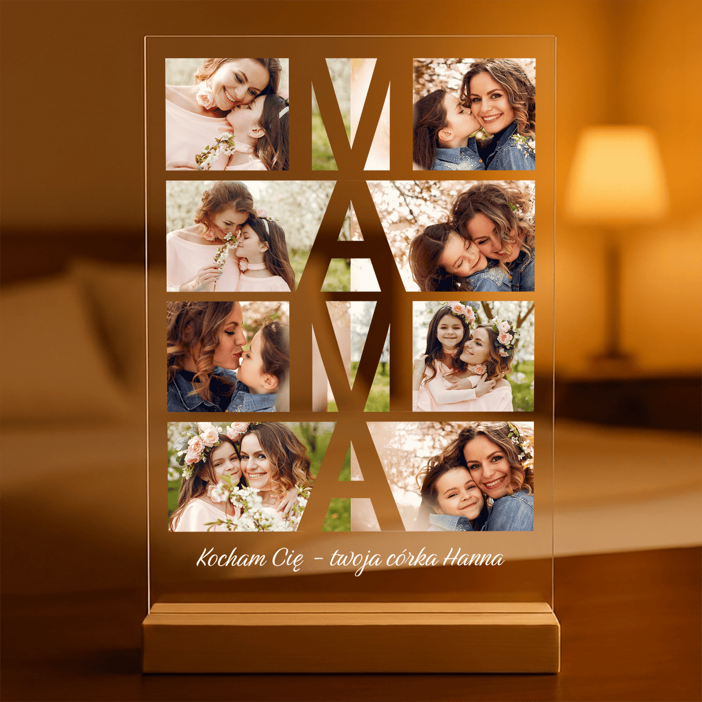 Kolaż ośmiu zdjęć + napis MAMA - Druk na szkle, spersonalizowany prezent dla mamy - Adamell.pl