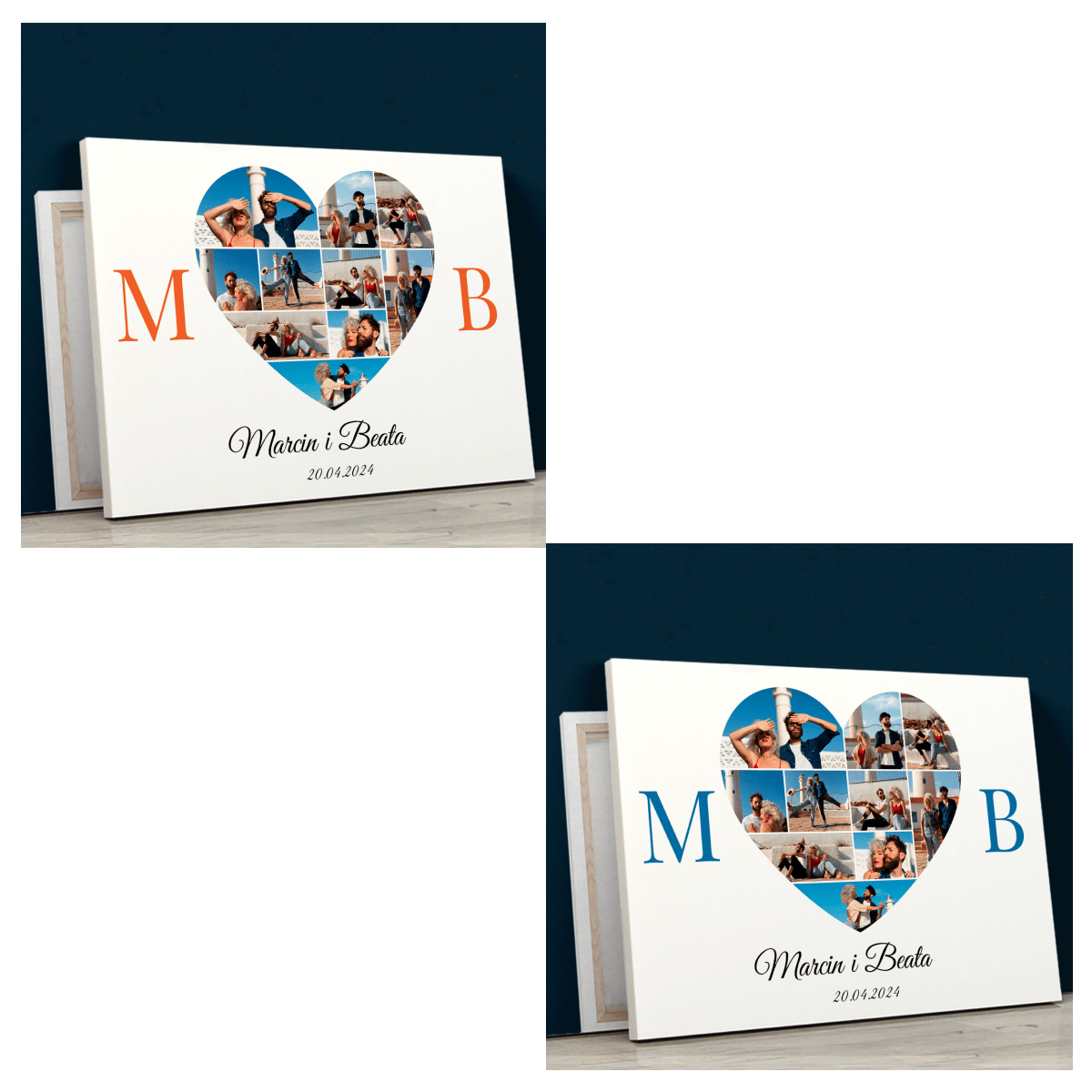 Kolaż serce z inicjałami - druk na płótnie, spersonalizowany prezent dla pary - Adamell.pl