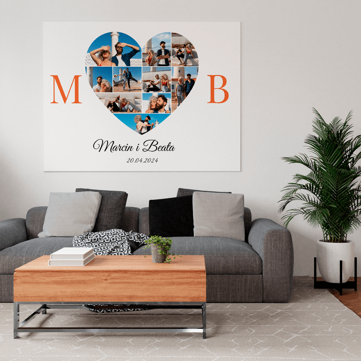Kolaż serce z inicjałami - druk na płótnie, spersonalizowany prezent dla pary - Adamell.pl