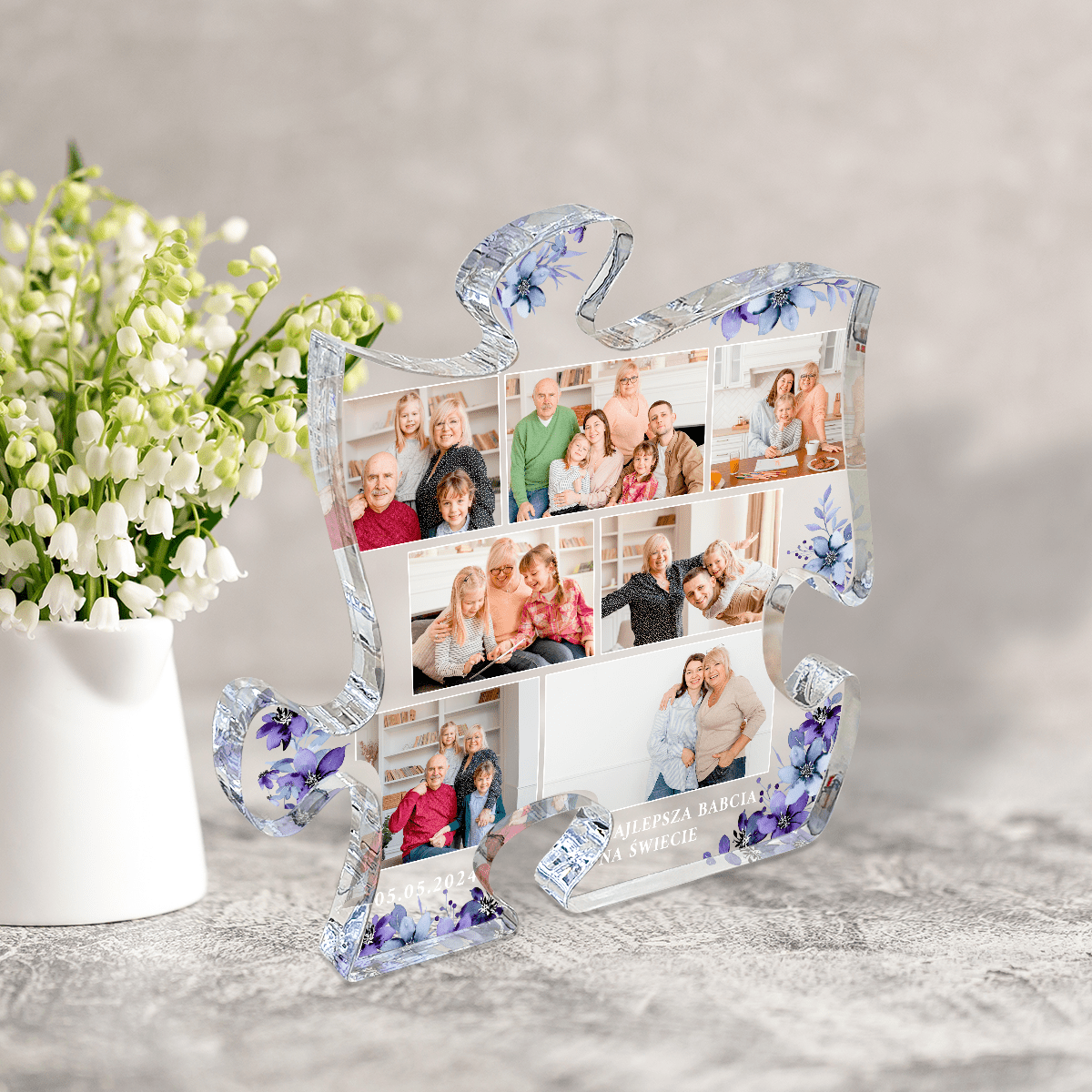 Kolaż w niebieskich kwiatach - Druk na szkle - puzzel, spersonalizowany prezent dla babci - Adamell.pl