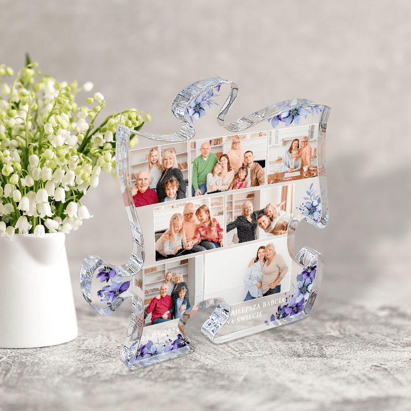 Kolaż w niebieskich kwiatach - Druk na szkle - puzzel, spersonalizowany prezent dla babci - Adamell.pl