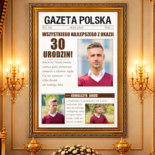 Kolaż ze zdjęć na płótnie Gazeta na trzydziestkę — prezent na urodziny - Adamell.pl