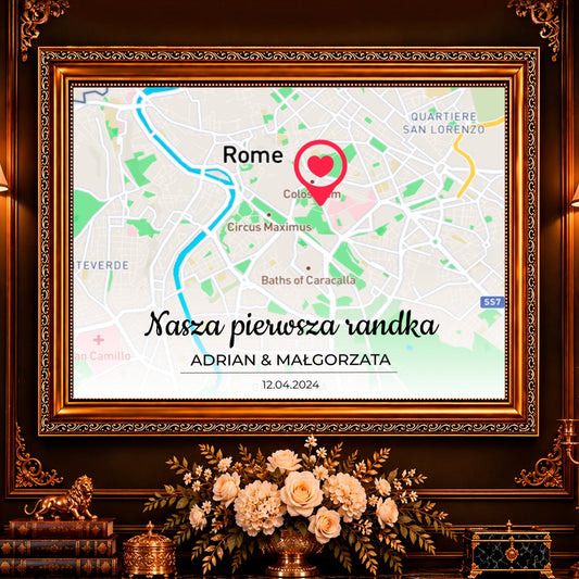 Kolaż ze zdjęć na płótnie Mapa naszej pierwszej randki — prezent na rocznicę - Adamell.pl