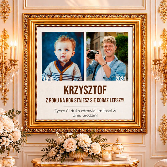 Kolaż ze zdjęć na płótnie Urodzinowe zdjęcie kiedyś i dziś — prezent na urodziny - Adamell.pl