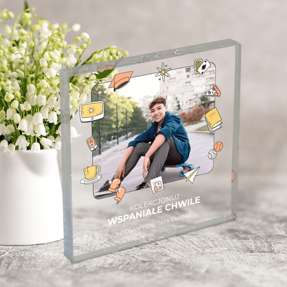 Kolekcjonuj wspaniałe chwile - Druk na kwadratowym szkle, spersonalizowany prezent dla syna - Adamell.pl