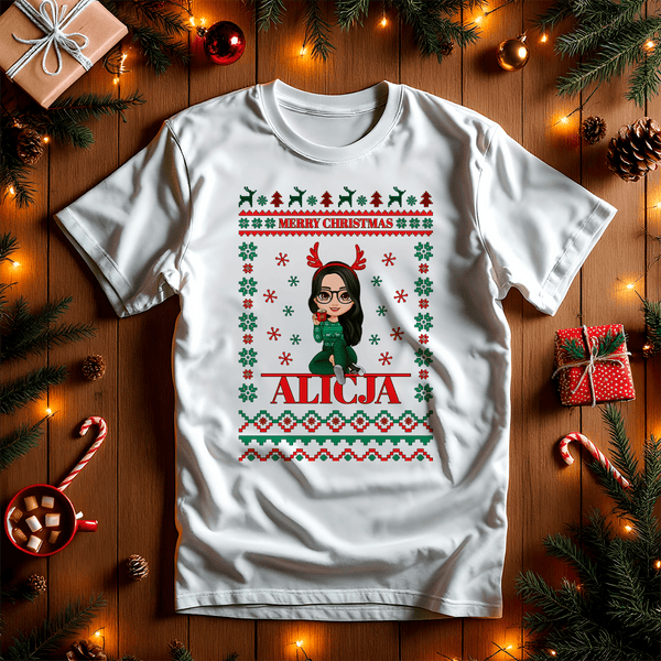 Koszulka damska z nadrukiem CLIPART+ NAPIS MERRY CHRISTMAS - spersonalizowany prezent dla niej - Adamell.pl