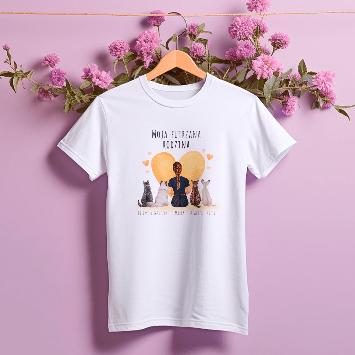 Koszulka damska z nadrukiem MOJA RODZINA - spersonalizowany prezent dla właściciela kota - Adamell.pl