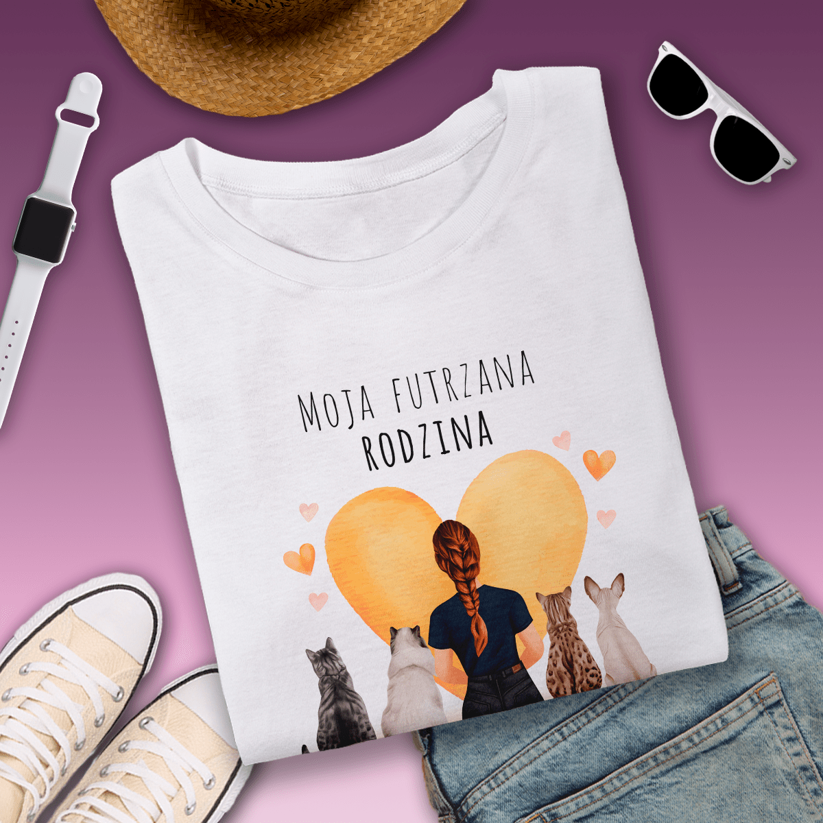 Koszulka damska z nadrukiem MOJA RODZINA - spersonalizowany prezent dla właściciela kota - Adamell.pl