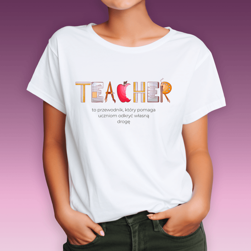 Koszulka damska z nadrukiem TEACHER - spersonalizowany prezent dla nauczyciela - Adamell.pl