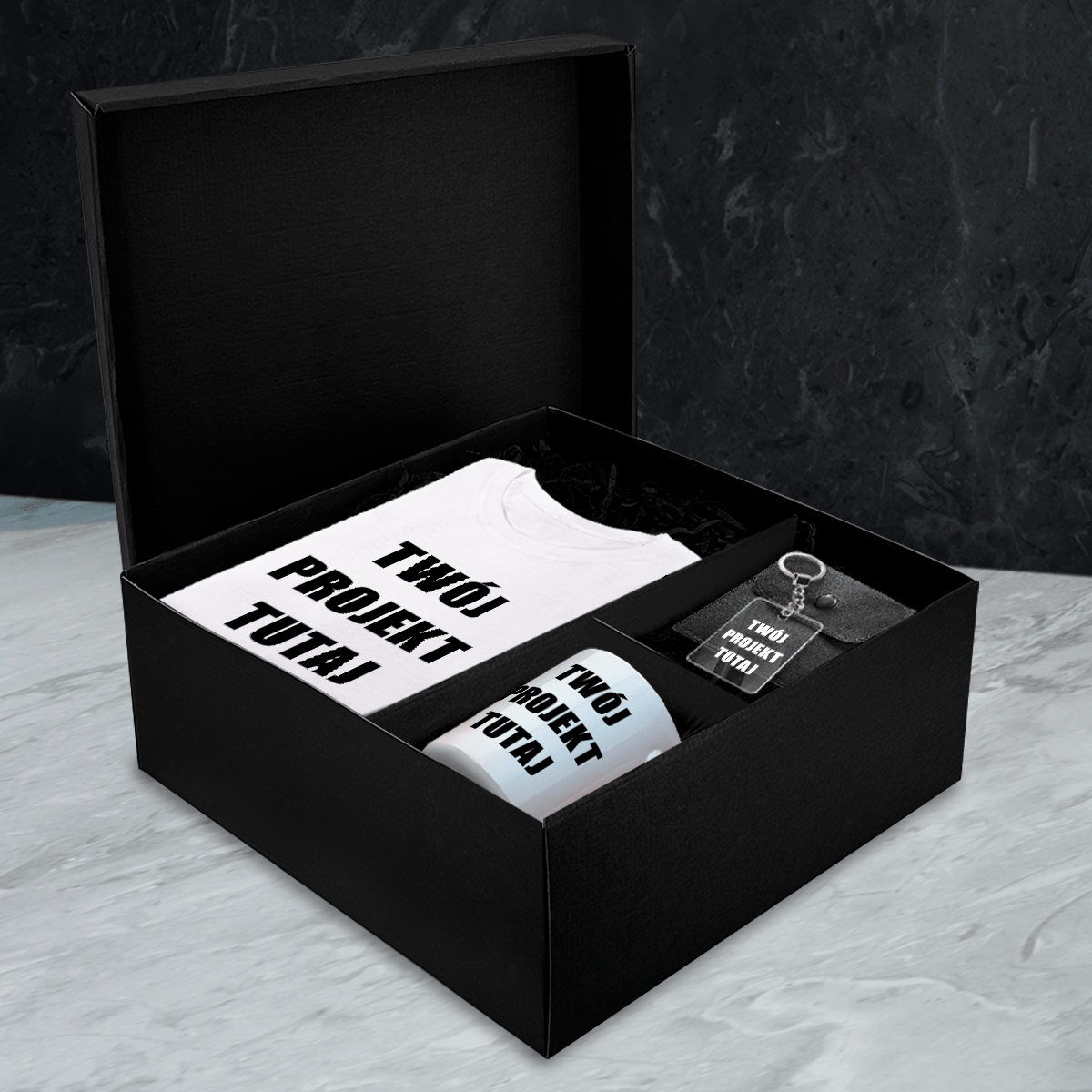 Koszulka + kubek + brelok TWÓJ PROJEKT - Box prezentowy, spersonalizowany prezent dla niego - Adamell.pl