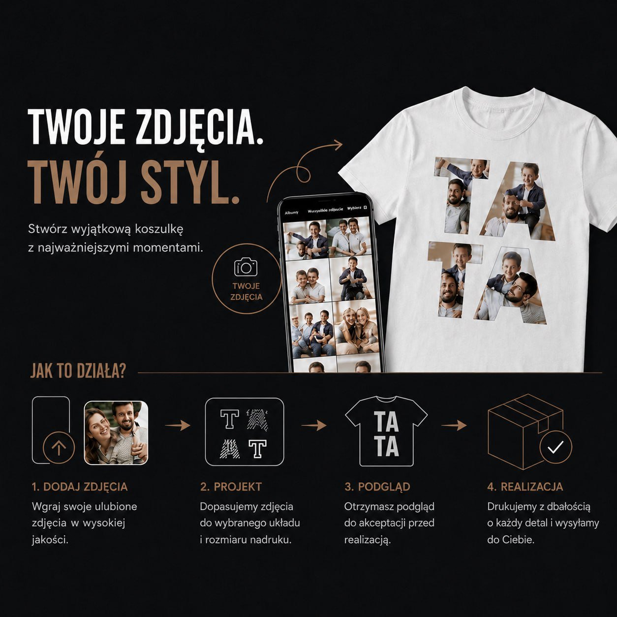 Koszulka męska z nadrukiem fotonapis TATA - spersonalizowany prezent dla taty - Adamell.pl