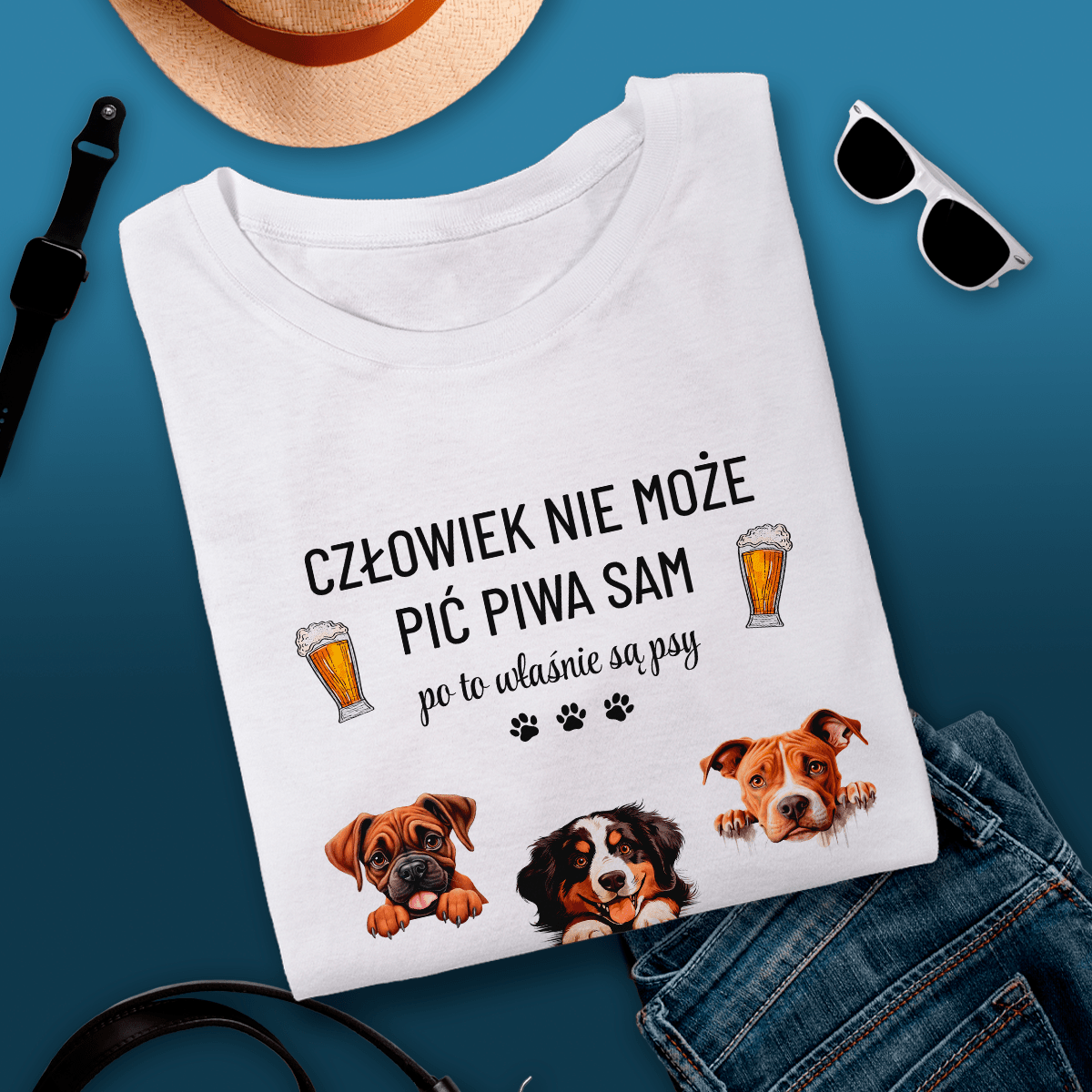 Koszulka męska z nadrukiem PSY & PIWO - prezent dla właściciela psów - Adamell.pl