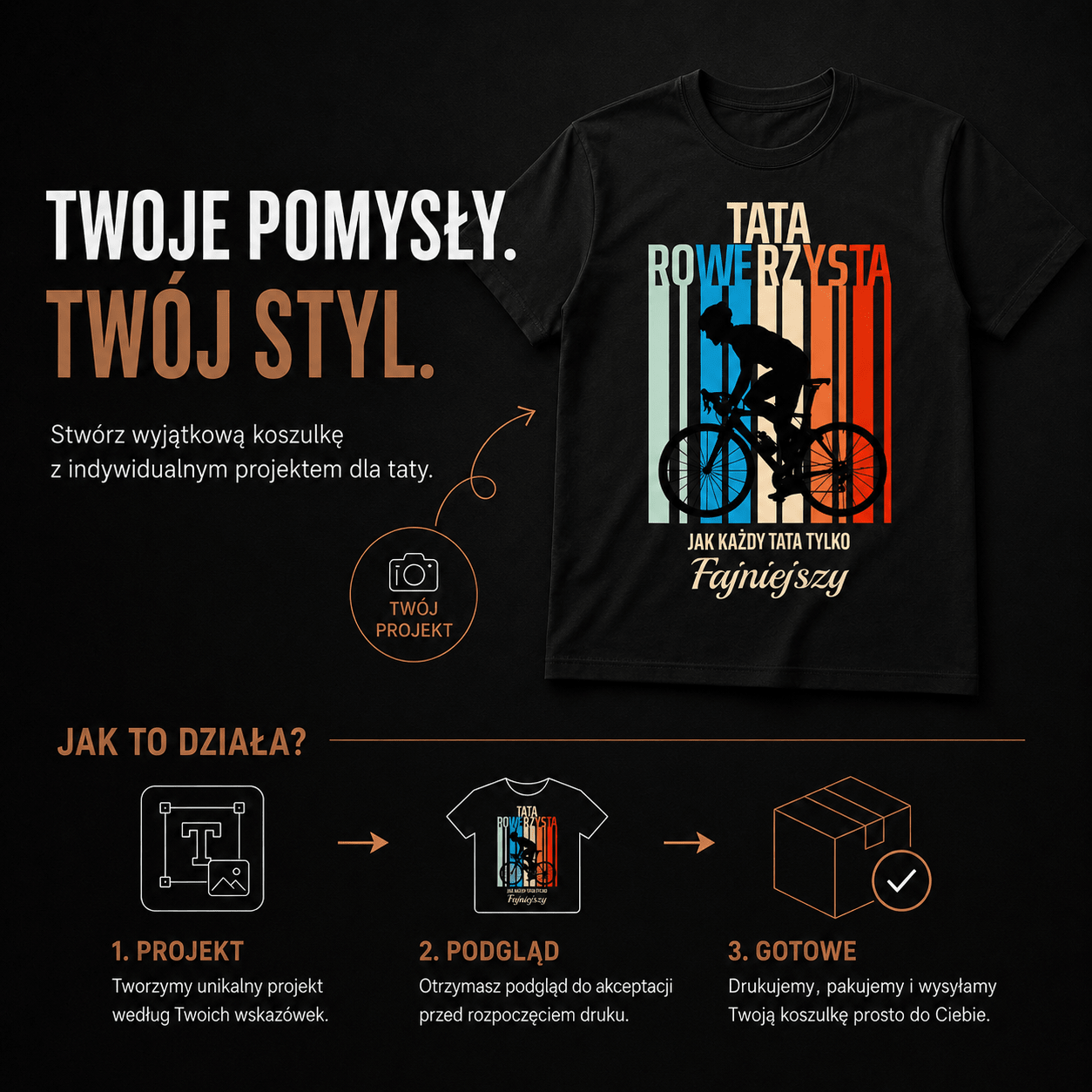 Koszulka męska z nadrukiem TATA ROWERZYSTA - prezent dla taty - Adamell.pl