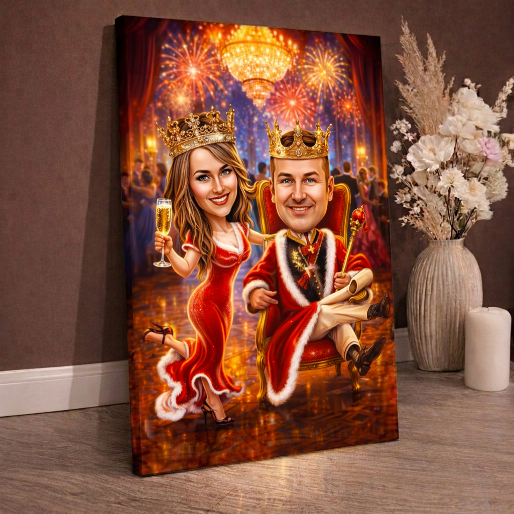 Król i królowa kreskówka - druk na płótnie, spersonalizowany prezent dla pary - Adamell.pl