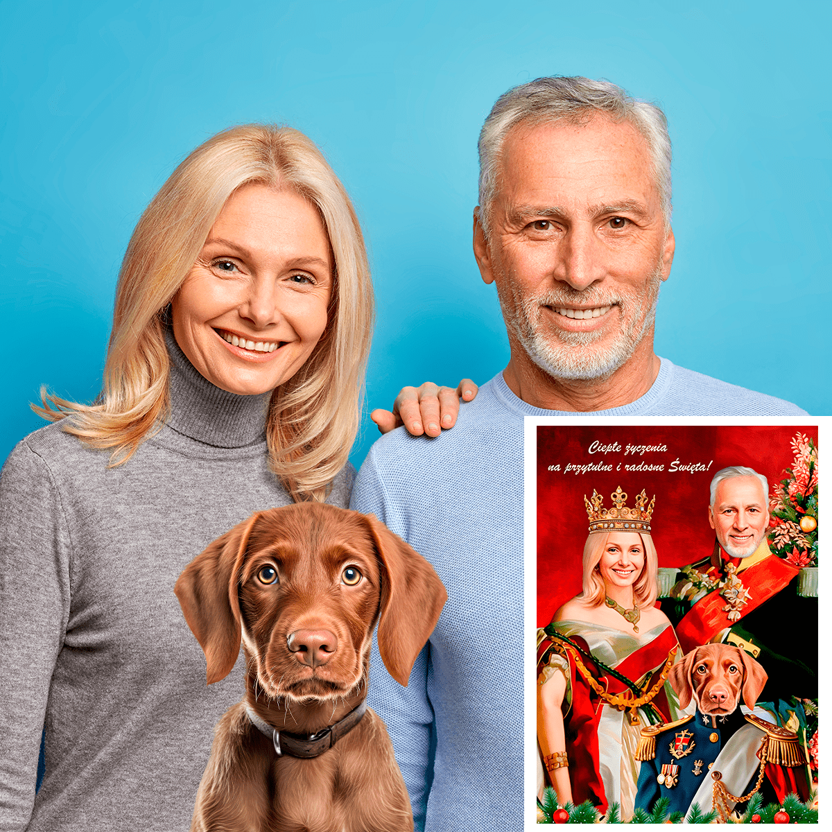 Królewska para z pieskiem - druk na płótnie, spersonalizowany prezent dla pary - Adamell.pl