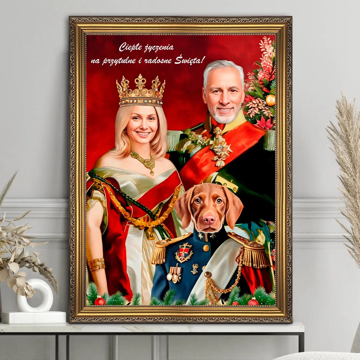 Królewska para z pieskiem - druk na płótnie, spersonalizowany prezent dla pary - Adamell.pl