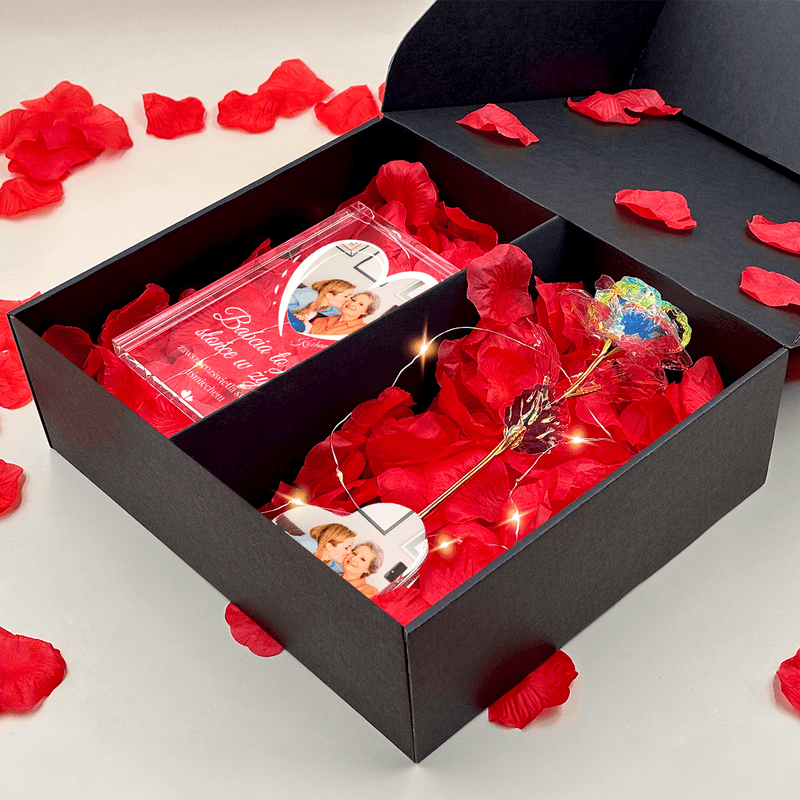 Kryształowa róża wieczna LED w sercu + druk na szkle MOJA BABCIA BOX 2 w 1 - Adamell.pl