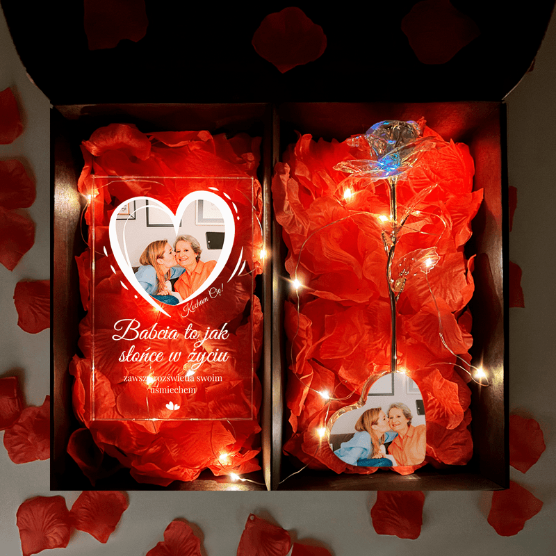 Kryształowa róża wieczna LED w sercu + druk na szkle MOJA BABCIA BOX 2 w 1 - Adamell.pl