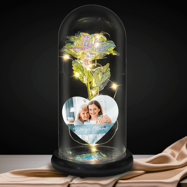 Kryształowa róża wieczna LED w szkle + spersonalizowane serce DROGA MAMO - Adamell.pl