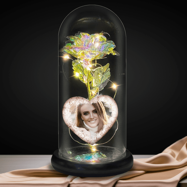 Kryształowa róża wieczna LED w szkle + spersonalizowane serce ZDJĘCIE MAMY - Adamell.pl