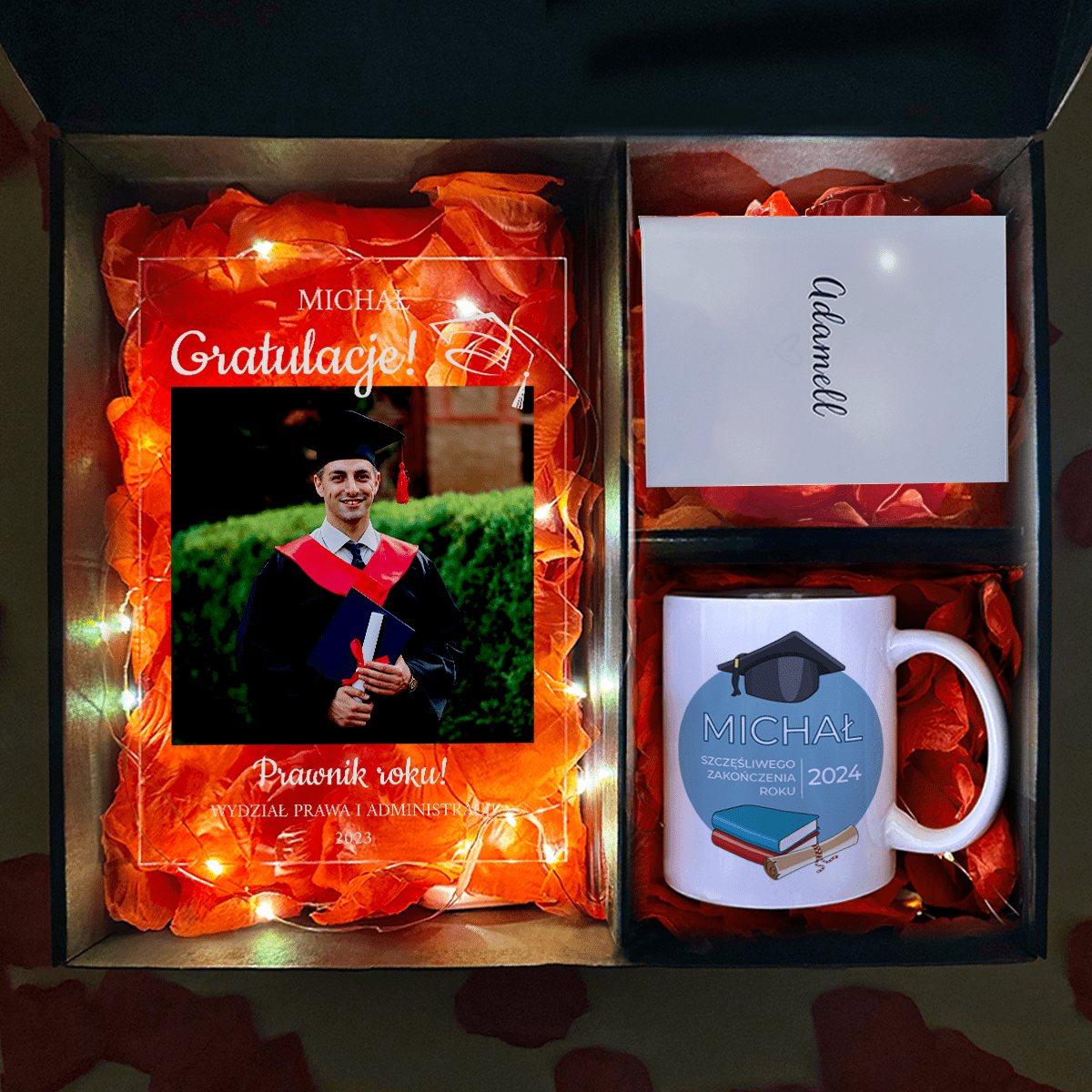 Kubek + druk na szkle ABSOLWENT - zestaw prezentowy Box 2 w 1, spersonalizowany prezent dla absolwenta - Adamell.pl