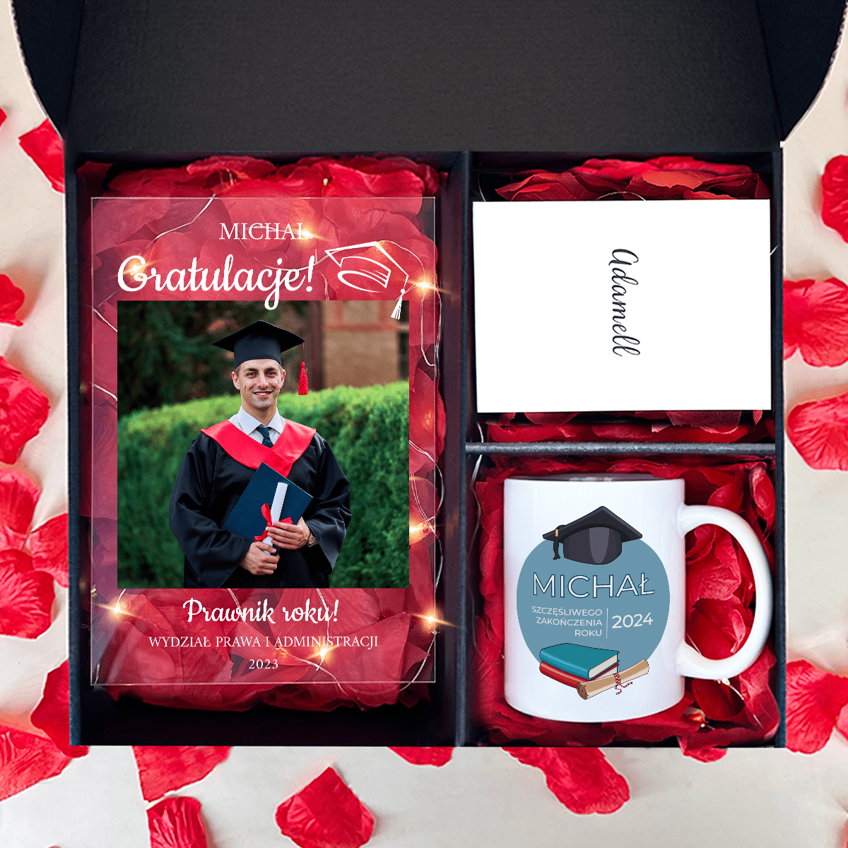 Kubek + druk na szkle ABSOLWENT - zestaw prezentowy Box 2 w 1, spersonalizowany prezent dla absolwenta - Adamell.pl