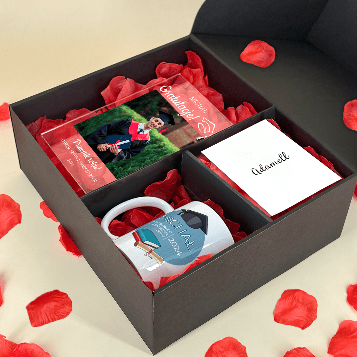 Kubek + druk na szkle ABSOLWENT - zestaw prezentowy Box 2 w 1, spersonalizowany prezent dla absolwenta - Adamell.pl