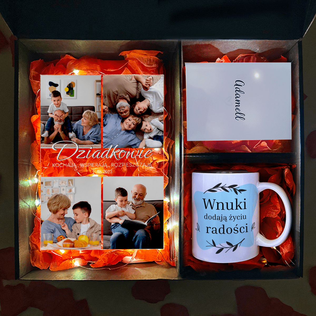 Kubek + druk na szkle KOCHAJĄCY DZIADKOWIE - zestaw prezentowy Box 2 w 1, spersonalizowany prezent dla dziadków - Adamell.pl