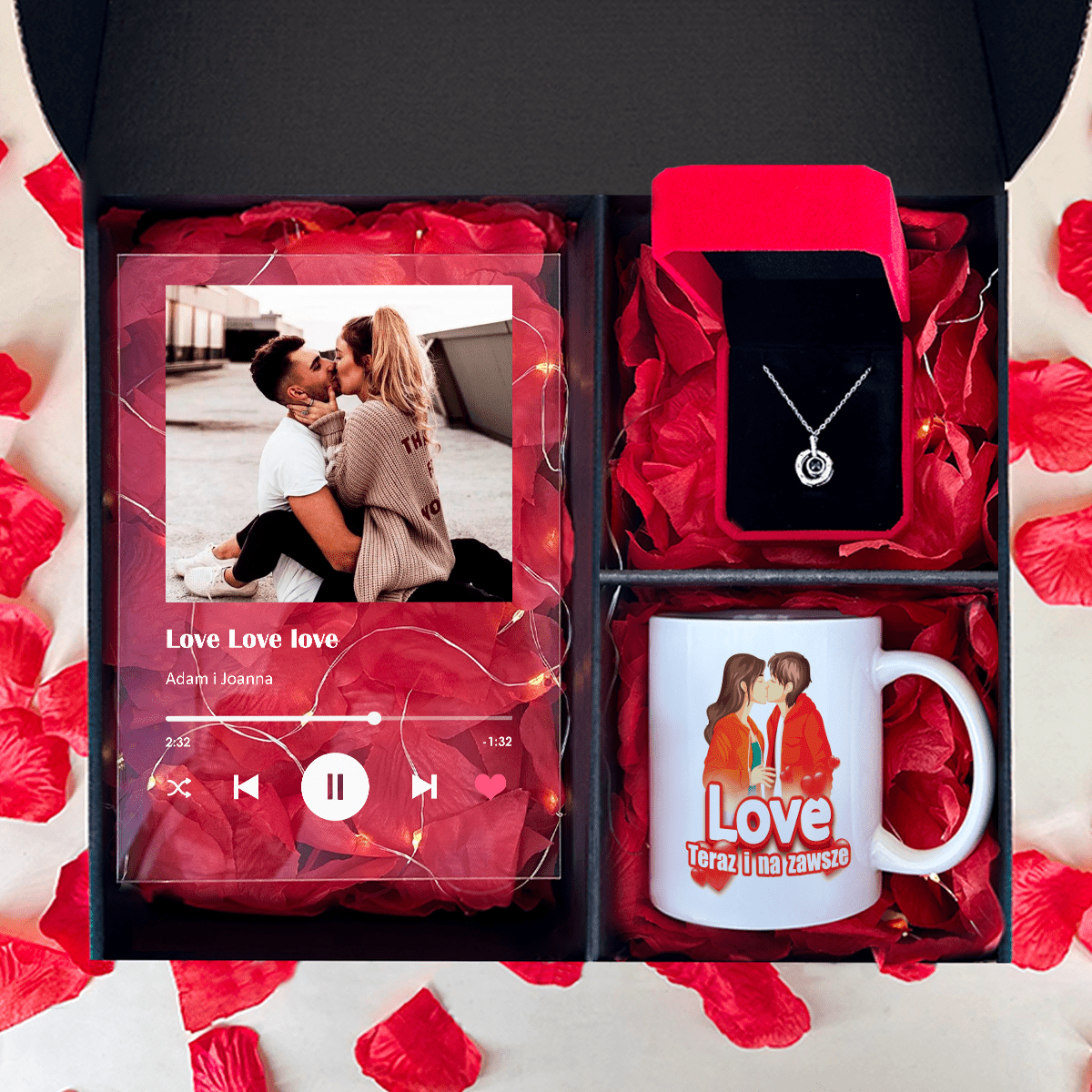 Kubek + druk na szkle LOVE + wisiorek - zestaw prezentowy Box 3 w 1, spersonalizowany prezent dla pary - Adamell.pl