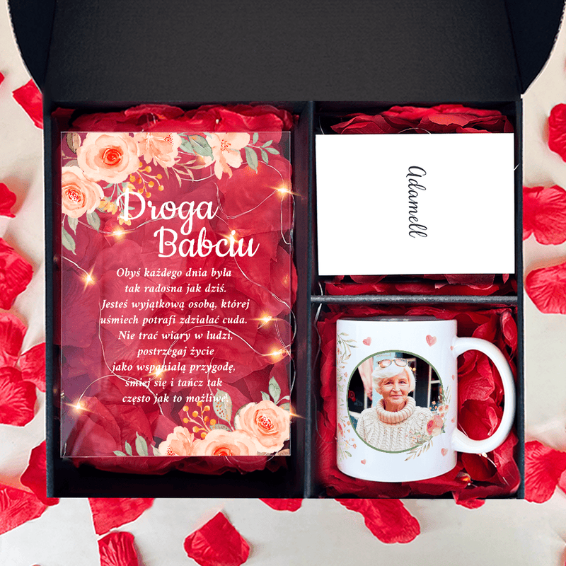 Kubek + druk na szkle MOJA DROGA BABCIA - zestaw prezentowy Box 2 w 1, spersonalizowany prezent dla babci - Adamell.pl