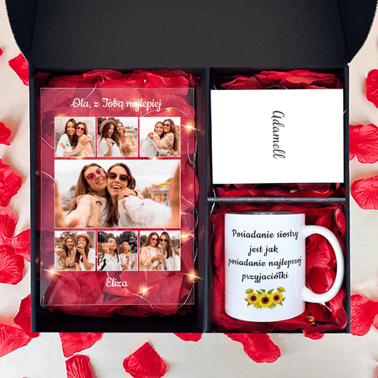 Kubek + druk na szkle MOJA WSPANIAŁA SIOSTRA - zestaw prezentowy Box 2 w 1, spersonalizowany prezent dla siostry - Adamell.pl