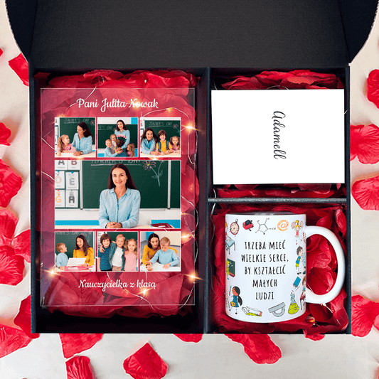 Kubek + druk na szkle NAUCZYCIELKA - zestaw prezentowy Box 2 w 1, spersonalizowany prezent dla nauczyciela - Adamell.pl