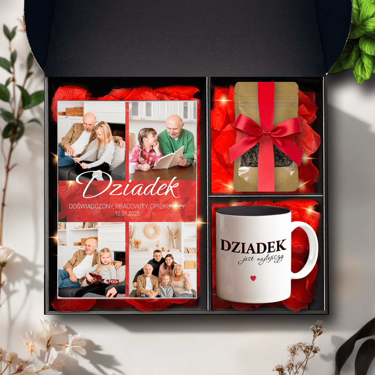 Kubek + herbata + druk na szkle DZIADEK - zestaw prezentowy Box 3 w 1, spersonalizowany prezent dla dziadka - Adamell.pl