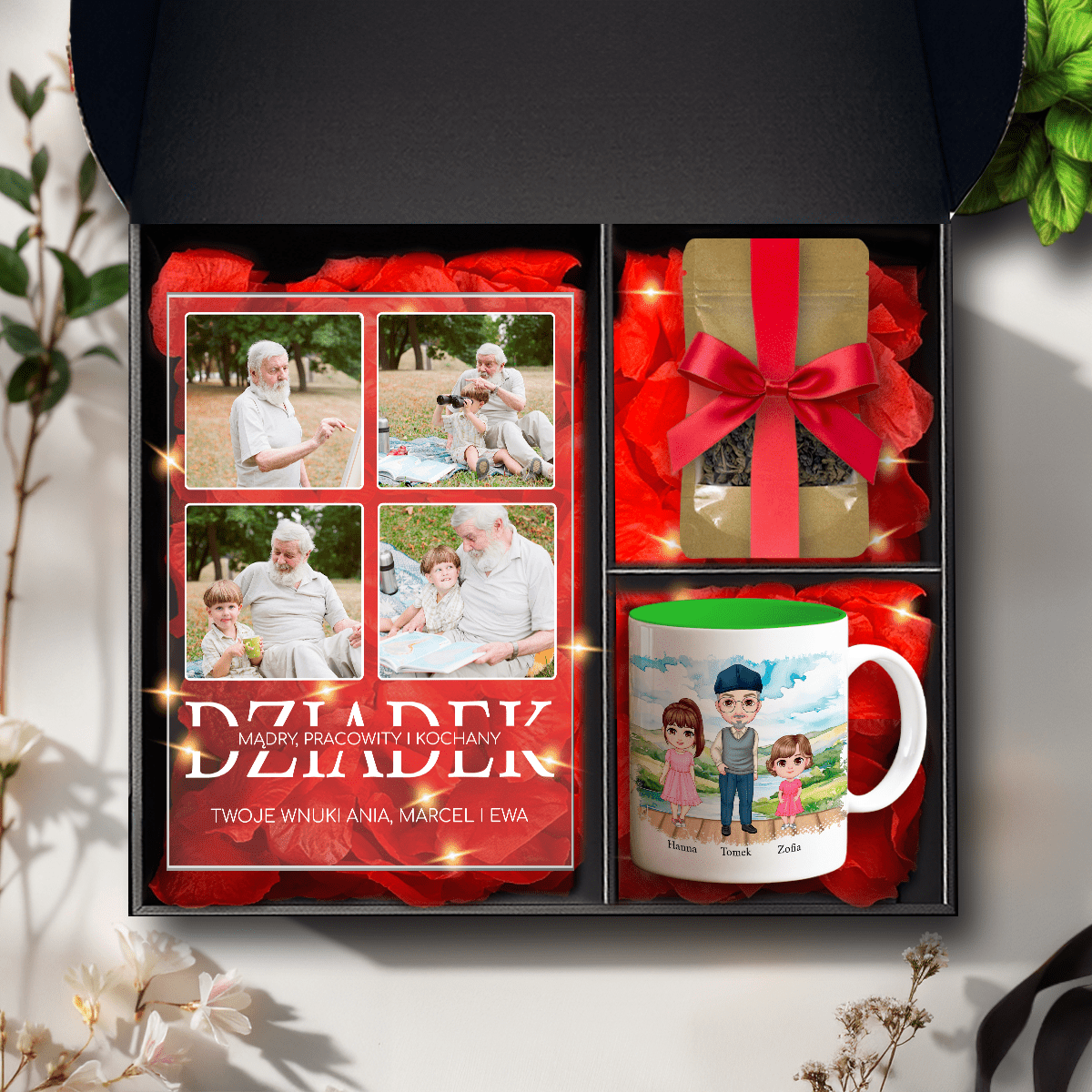 Kubek + herbata + druk na szkle KOCHANY DZIADEK - zestaw prezentowy Box 3 w 1, spersonalizowany prezent dla dziadka - Adamell.pl