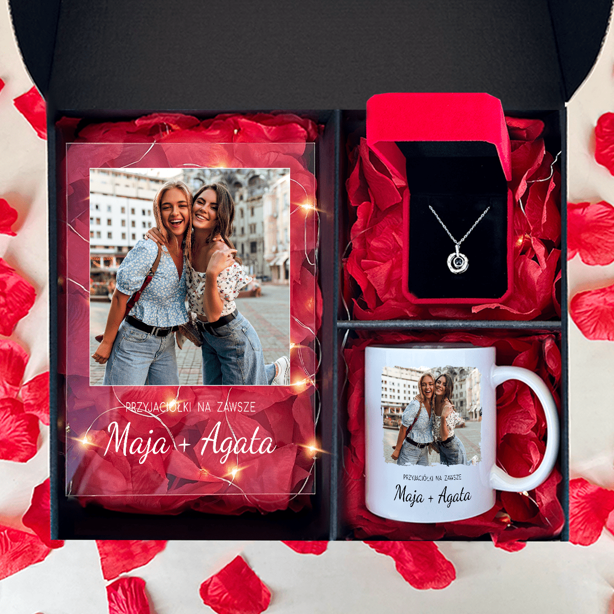 Kubek + szkło + wisiorek - zestaw prezentowy Box 3 w 1 , spersonalizowany prezent dla przyjaciółki - Adamell.pl