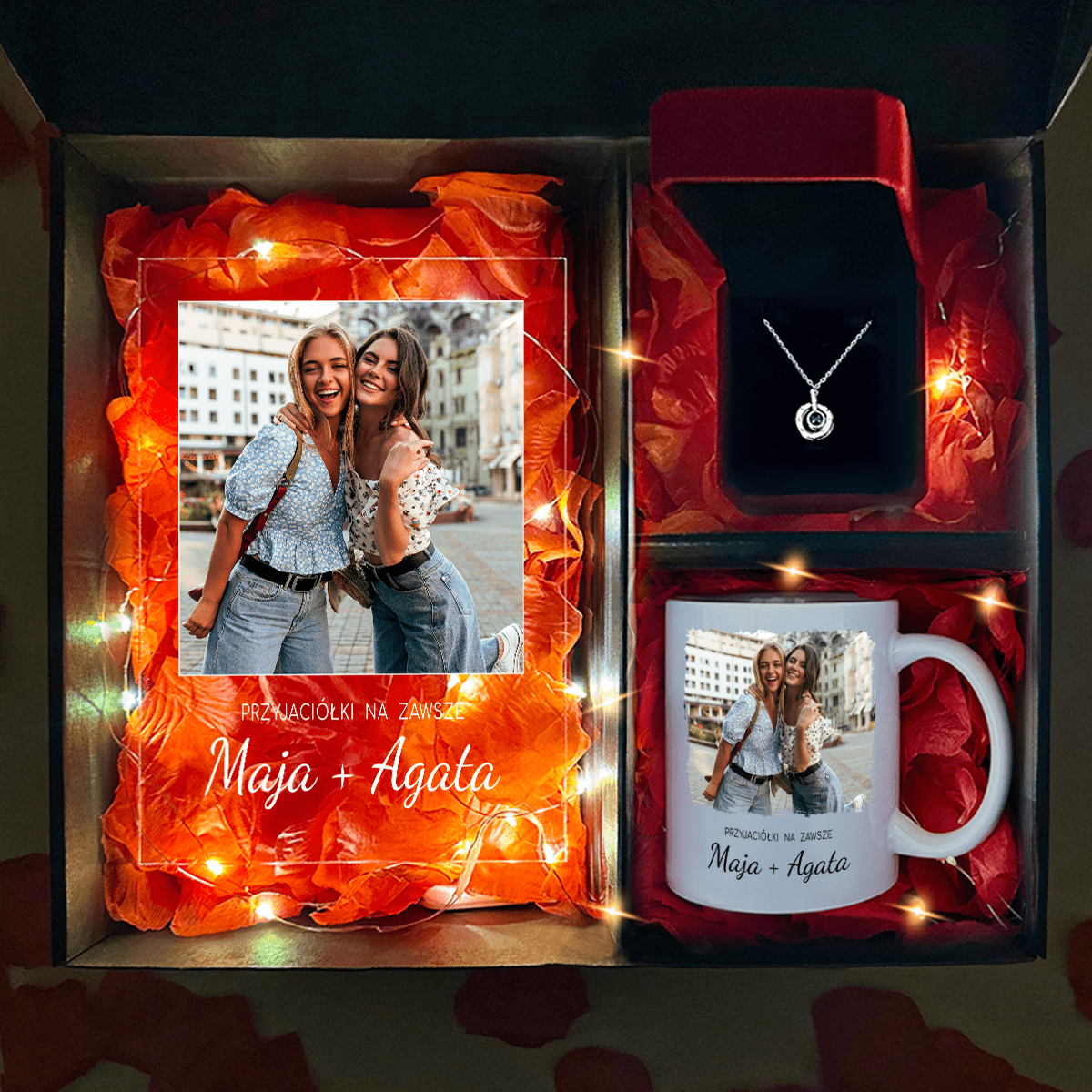 Kubek + szkło + wisiorek - zestaw prezentowy Box 3 w 1 , spersonalizowany prezent dla przyjaciółki - Adamell.pl