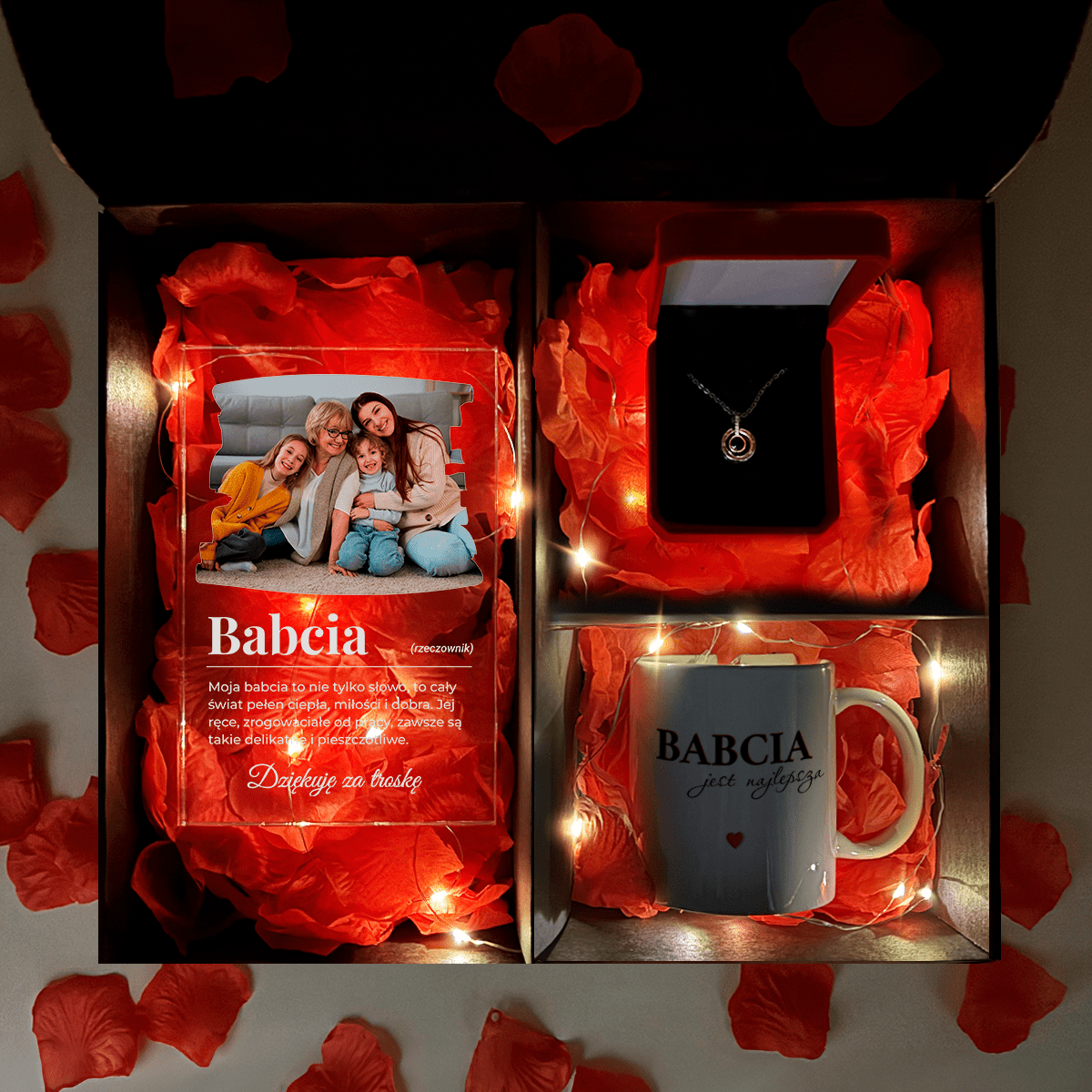 Kubek + wisiorek + druk na szkle BABCIA CAŁYM ŚWIATEM - zestaw prezentowy Box 3 w 1, spersonalizowany prezent dla babci - Adamell.pl