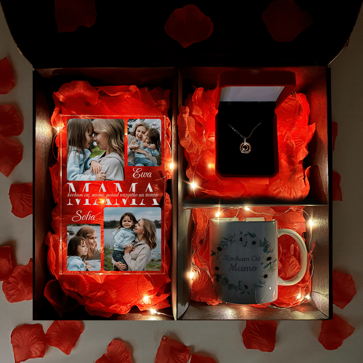 Kubek + wisiorek+ druk na szkle KOCHAM CIĘ, MAMO - zestaw prezentowy Box 3 w 1, spersonalizowany prezent dla mamy - Adamell.pl