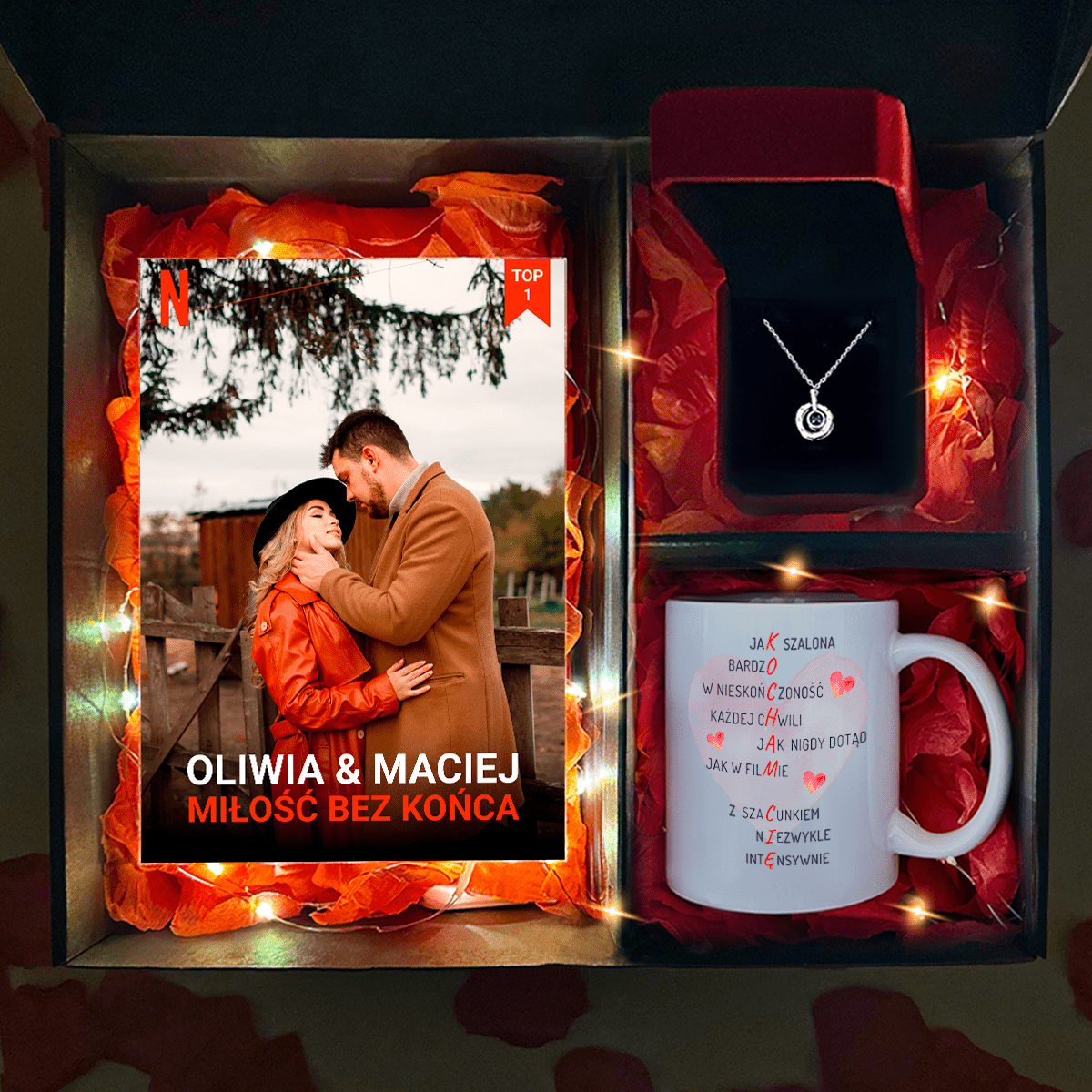 Kubek + wisiorek + druk na szkle MIŁOŚĆ - zestaw prezentowy Box 3 w 1, spersonalizowany prezent dla niej - Adamell.pl