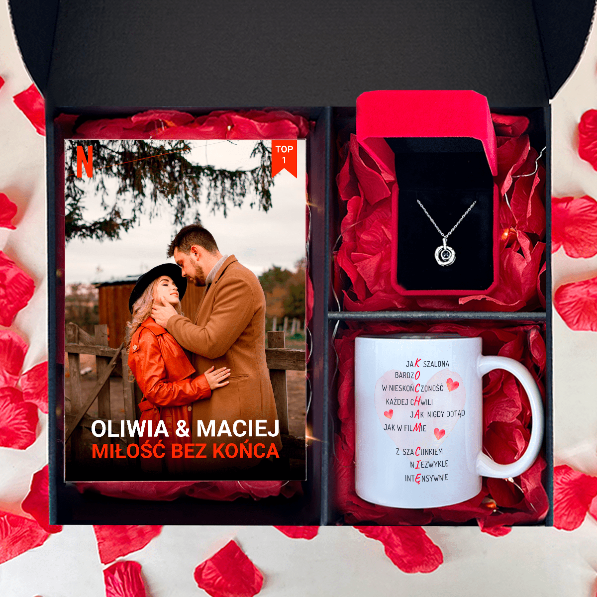 Kubek + wisiorek + druk na szkle MIŁOŚĆ - zestaw prezentowy Box 3 w 1, spersonalizowany prezent dla niej - Adamell.pl