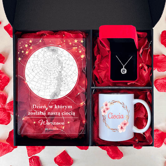 Kubek + wisiorek + druk na szkle MOJA CIOCIA - zestaw prezentowy Box 3 w 1, spersonalizowany prezent dla cioci - Adamell.pl