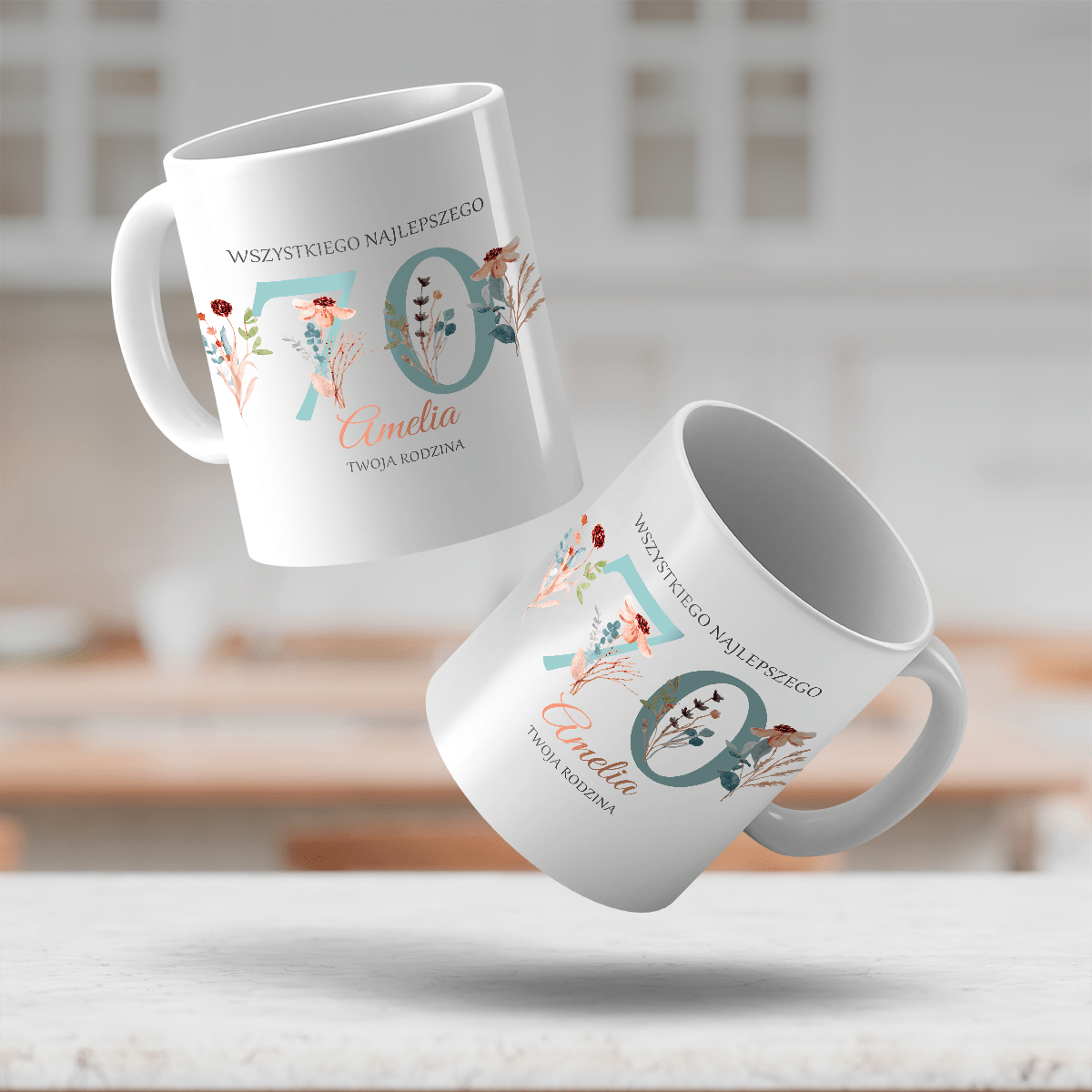 Kwiatowy wzór 70 lat - 1x Kubek z nadrukiem, spersonalizowany prezent dla niej - Adamell.pl