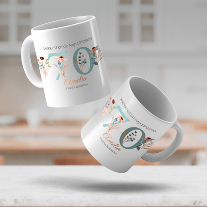 Kwiatowy wzór 70 lat - 1x Kubek z nadrukiem, spersonalizowany prezent dla niej - Adamell.pl